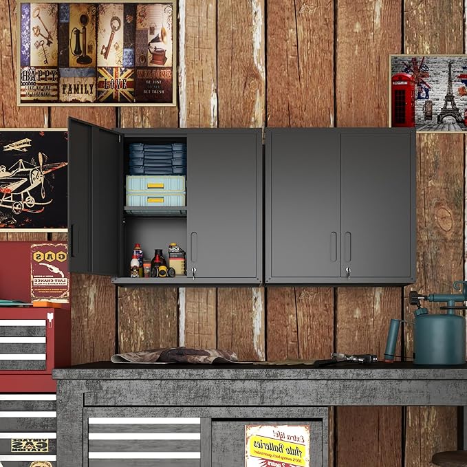 Garage Wall Cabinet with Doors and Shelves, Metal Wall Mounted Storage Cabinet with Lock, Hanging Tool Cabinet for Garage Utility Room, Black