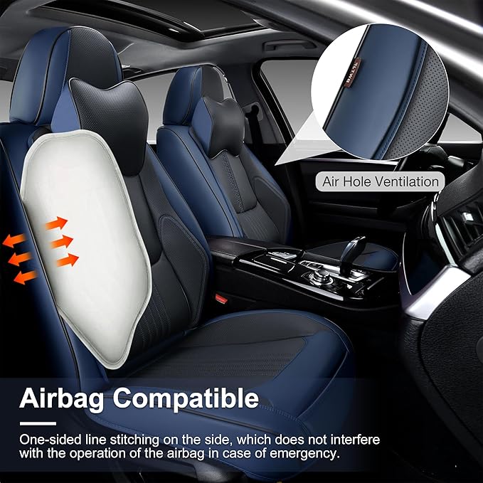 Front Seat Covers, 2 Pieces Universal Seat Covers for Cars, Waterproof Leather Auto Seat Protectors with Head Pillow, Car Seat Cushions Fit for Most Sedans SUV Pick-up Truck, Black&Navy