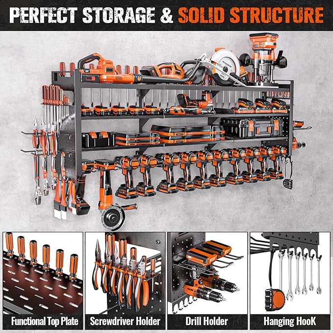 49.8" W Large Power Tool Organizer Wall Mount, Heavy Duty Tool Organizer with 14 cordless Drill Holder, 4 Layers Garage Organization and Storage Rack, Tool Rack for Garage Workshop, Black