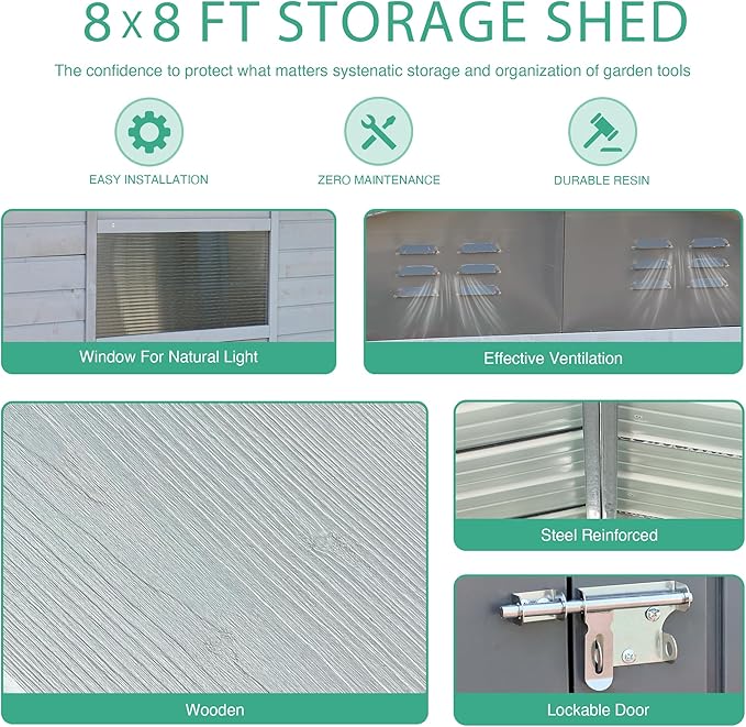 8x8 FT Outdoor Storage Shed with Windows, Wood & Metal Garden Shed, Outside Storage Shed Waterproof for Backyard, Garden, Patio, 4 Vents (Without Floor) Gray