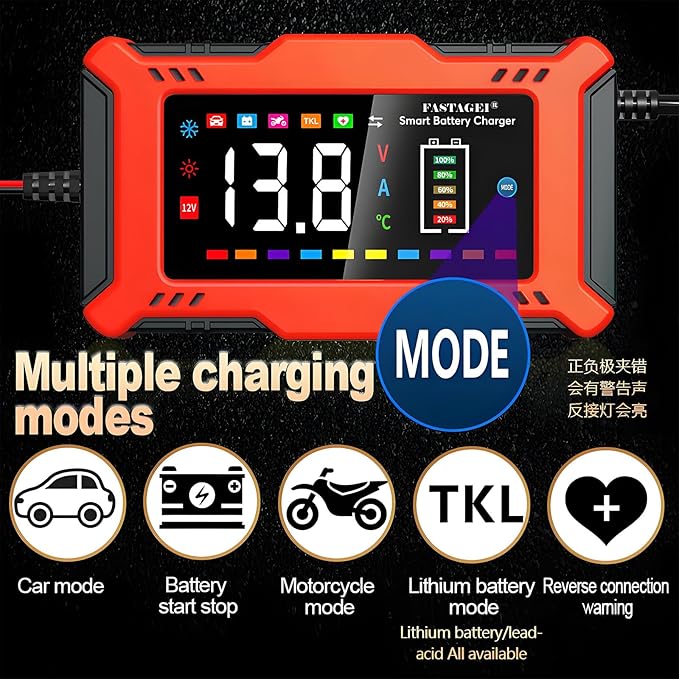 LiFePO4/Lead Acid Battery Charger Smart Battery Trickle Charger 12V 6A Automotive Battery Maintainer Desulfator Temp Compensation for Car Truck Motorcycle Lawn Mower Marine RV