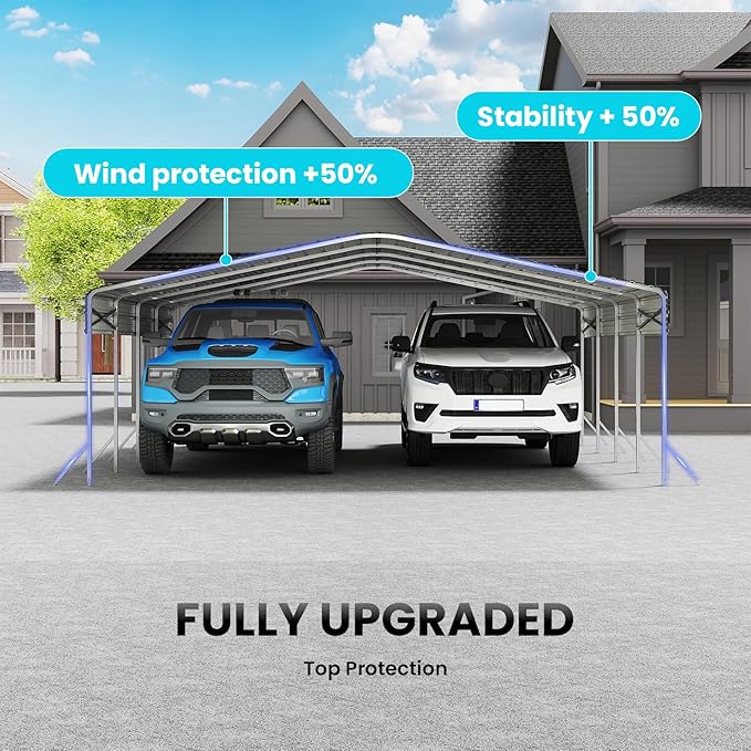 20x20ft Heavy Duty Metal Carport – Outdoor Galvanized Garage, Sturdy Structure, All-Weather Protection, Easy Assembly for Cars, Trucks, Boats, Tractors, and Outdoor Storage (White, 20x20FT)