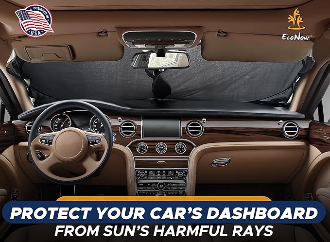 EcoNour Car Windshield Sun Shade | Premium 300T Polyester Automotive Heat Shield | Sunshade for Car Windshield, Front Window Sun Shade, UV Glare Protection | Fits Sedans, Mini SUVs, Hatchbacks (64x32)