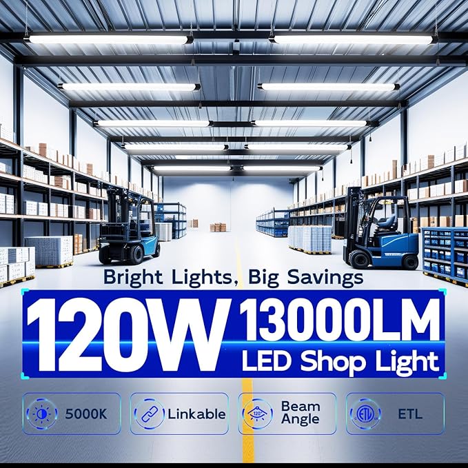 hykolity 120W LED Shop Light Linkable,13000lm(400w Equivalent),5000K 4FT Black Utility Shop Lights for Garages,Workshops,Basements,Hanging or Flush Mount with Power Cord and Pull Chain, ETL,4 Pack