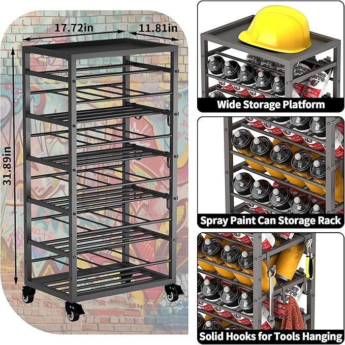 50 Can Spray Paint Rack Organizer, Metal Spray Paint Can Storage Holder, Rolling Aerosol Can Cart with Storage Shelf, for Garage, Craft Workrooms