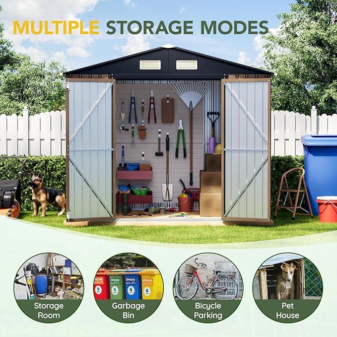 Breezz 8x6FT Outdoor Steel Storage Shed with Clear Window, Lockable Doors, Weather-Resistant Metal Tool Shed for Garden, Backyard, Patio, and Utility Storage.Brown