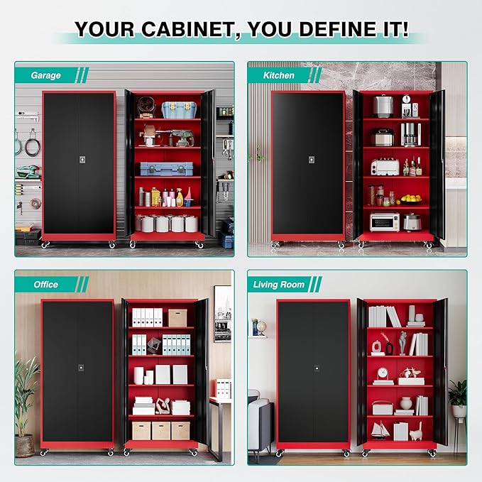 SISESOL 75" Tall Metal Storage Cabinet with Wheels,Rolling Garage Storage Cabinet with Lock,Red Metal Cabinets on Wheels,Locking Tool Cabinets on Wheel for Garage,Home,Office,Shop