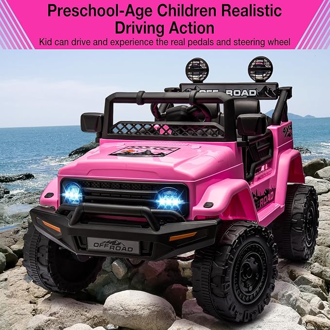 Garvee 12V Kids Ride On Truck Car with Remote Control - Electric Ride On Toys for Toddlers, Spring Suspension, 3 Speeds, LED Lights, Bluetooth Music & Parent Safety Brake