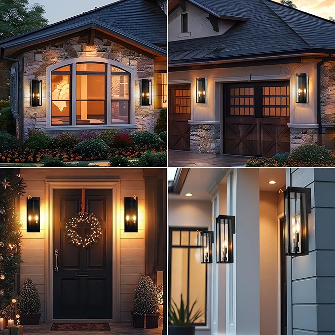 16” Dusk to Dawn Outdoor Lighting, 2 Pack Black Modern Porch Outside Lights for House 2-Light, Photocell Sensor Exterior Patio Coach Wall Lanterns Outside Garden Sconce Lamps Waterproof E12