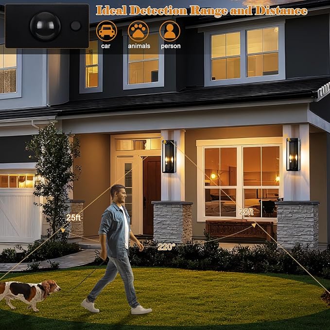 Black Motion Sensor Outdoor Lights 2-Light, 16” Modern Dusk to Dawn Sensor Lights for Outside 2 Pack, Exterior Wall Mount Porch Lanterns Waterproof Outside House Lamps for Garage Yard E12