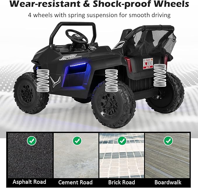 Costzon 2-Seater Ride on Car for Kids, 12V Kids' Electric Vehicles w/Remote Control, 4 Shock Absorbers, Wireless Music & FM, 3 Speeds, Ambiance Lights, Electric UTV, Kid Car Toy for Boys, Girls(Black)