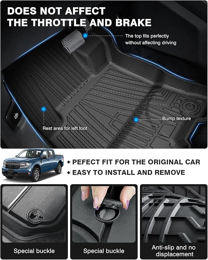 Powerty Floor Mats & Truck Bed Mat for 2022-2024 2025 Ford Maverick Gas Model Accessories Floor Mats 2 Row Liner Set All Weather TPE 3D Floor Liners&Truck Bed Liner