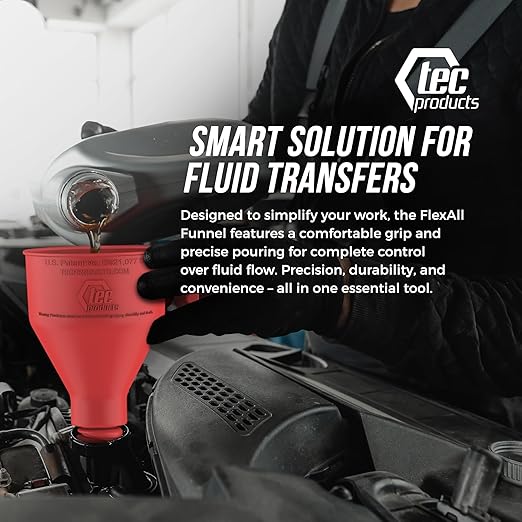 FlexAll Long Flexible Funnel for Automotive Use - Durable Nitrile Rubber - Ideal for Car Oil Change, Transmission Funnel Fluid, Diesel, Fuel, Gas - Made in USA - Red (12 x 4 Inches)