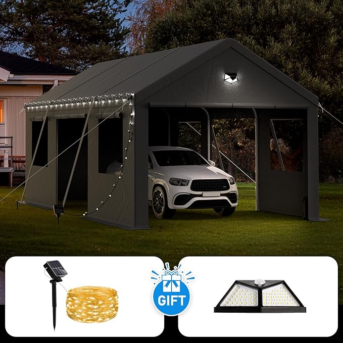12x20 Carport, Heavy Duty Carport Canopy Garage with Removable Sidewalls and Drive Through Roll Up Zipper Doors & Side Doors, Grey