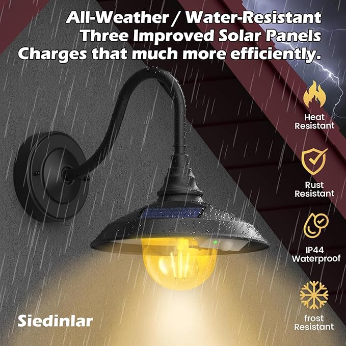 SIEDiNLAR Solar Barn Light Outdoor 3 Modes 2 Lighting, Aluminum Gooseneck Wall Light Vintage Farmhouse Waterproof with Remote & Motion Sensor for Barn Garage Shed Chicken Coop Porch Black (1 Pack)