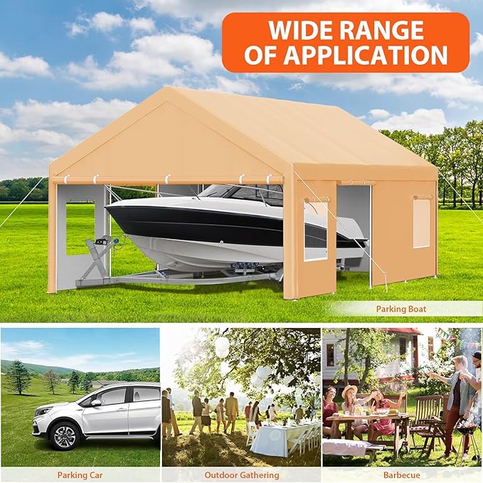 13x25FT Heavy Duty Carport, Outdoor Garage Canopy with 4 Roll-Up Doors and Mesh Windows, Large Portable Shelter Tent for Car, Truck, Boat, Party, Market