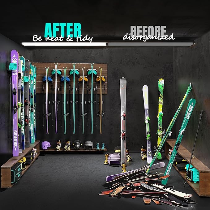 Ski & Snowboard Wall Rack for Garage Wall Fits Any Ski/board, Ski Wall Mount Holders Damage-Free Storage Rack, Garage Organization Space-Saving Winter Gear Organizer, Green, 2 Pack