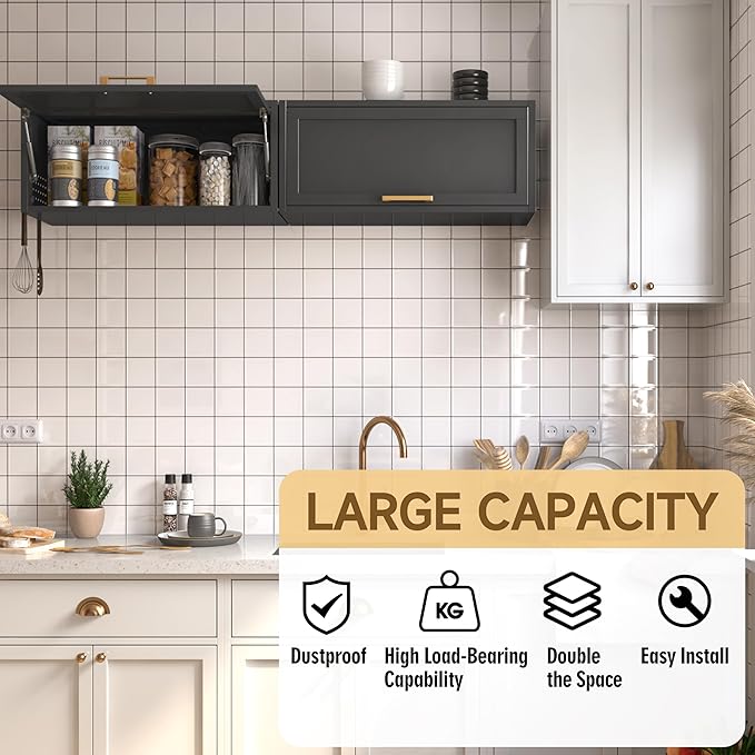 Metal Garage Wall Cabinet, Floating Tool Cabinet for Home, Office, Kitchen, Basement, Warehouse - Black with Up-Flip Door, Wall Mounted, Assembly Required