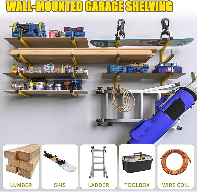 4-Pack Lumber Storage Rack, Wood Storage Racks Wall Mount, Heavy Duty Garage Wood Organizer with 8-Level System, Yellow Utility Rack Organization Up 1600 Lbs, Metal Lumber Shelf for Indoor & Outdoor