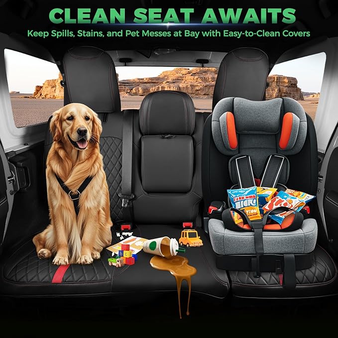 for Jeep Wrangler Seat Covers 4Door JL 2018 2019 2020 2021 2022 2023 2024 2025, Custom Car Seat Cover Full Set, Luxury Waterproof Leather Seat Protectors, Black Red Trim, With Rear Cup Holder