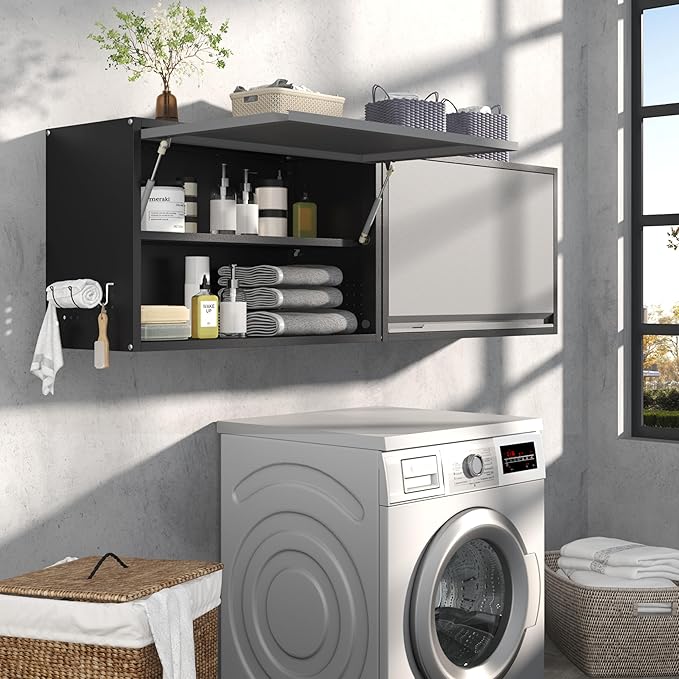Metal Wall Cabinet with Adjustable Shelves, Doors - Floating Tool Storage for Garage/Warehouse - Black/Gray