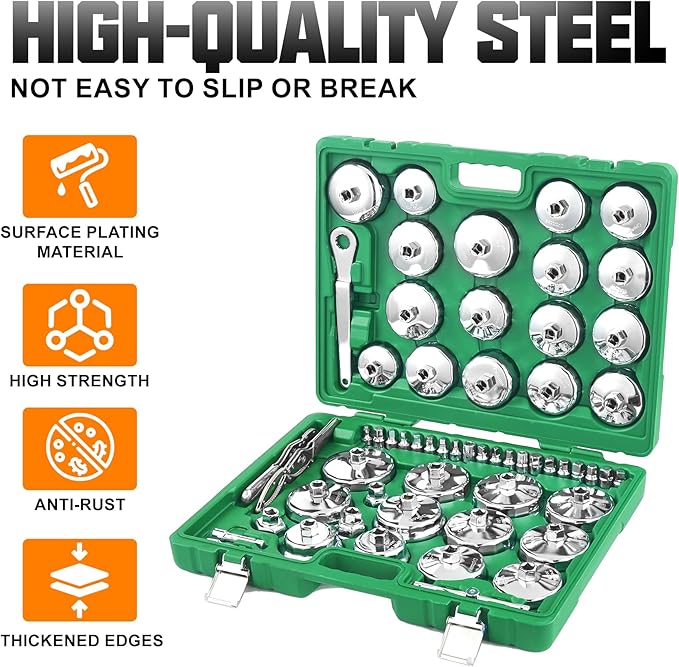 Auto Oil Filter Socket Wrench Set, Cup Type 1/2 inch Drive Cap Removal Tool, with Drain Plug Socket Set/Adjustable/Drive, Compatible, all Models Car, SUV, Oil Filter (58, GREEN)