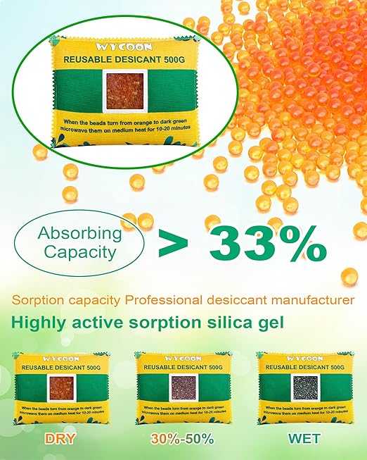 Rechargeable Desiccant Pack 6 x 500g, Moisture Absorber with Transparent Indicator Window, Desiccant Dehumidifier for Closet, Basement, Gun Safe, RV,Garage & Storage