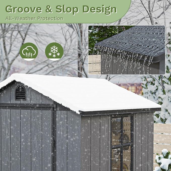 Patiowell 4' x 4' Plastic Outdoor Storage Shed with Floor, Resin Outside Tool Shed with Window and Lockable Door for Backyard Garden Patio Lawn, Gray (Fit-it Shed)