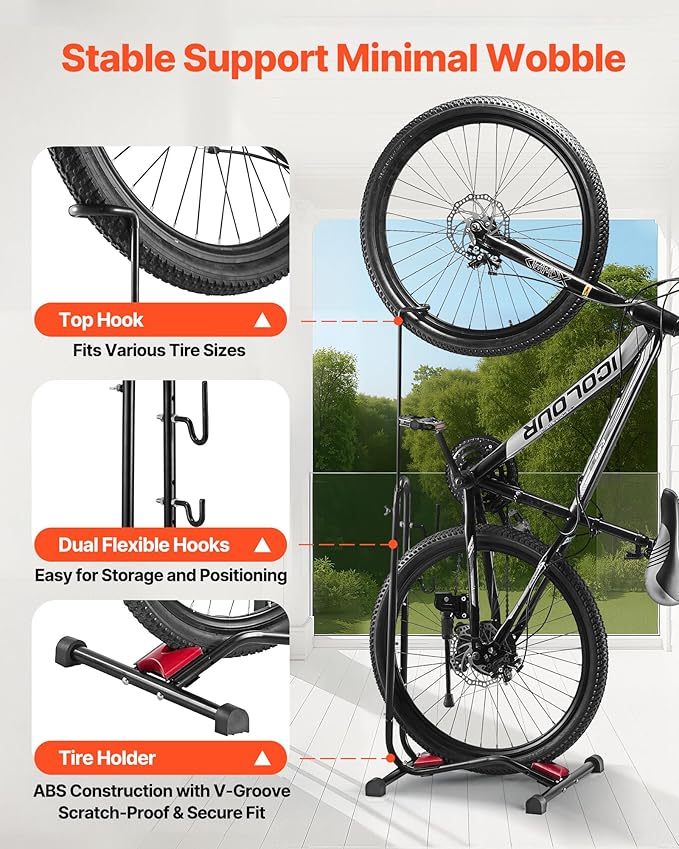 VEVOR Bike Rack, Upright Bike Stand Floor for 16 to 27.5 Inch Mountain & Road Bikes, Vertical & Horizontal Bicycle Stand for Secure Parking and Storage in Garage, Truck Bed, Indoor, Outdoor, Black
