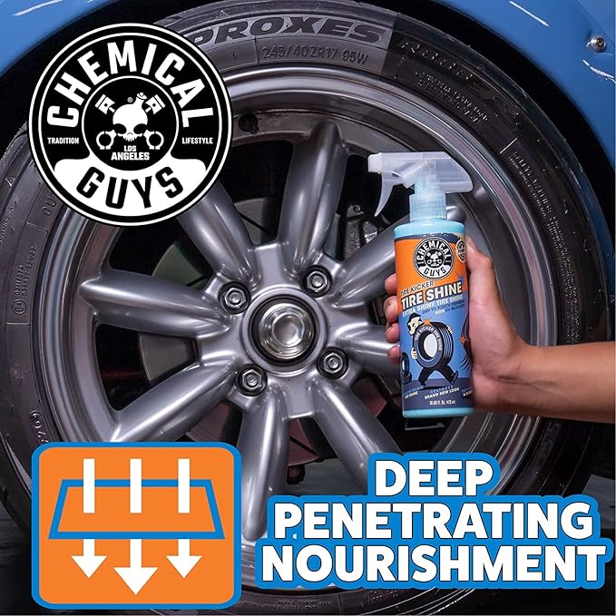Chemical Guys Tire Kicker Sprayable Extra Glossy Tire Shine With Applicators (Works on Rubber, Vinyl & Plastic) Safe for Cars, Trucks, Motorcycles, RVs & More, 16 fl oz