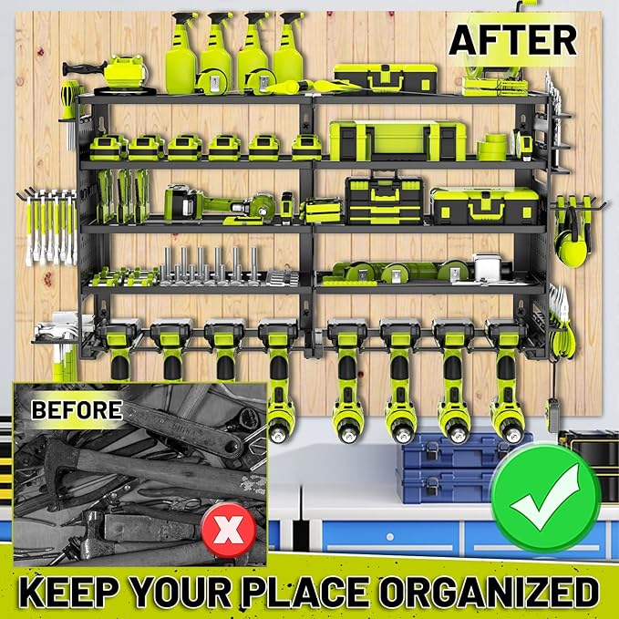5 Layers Power Tool Organizer Wall Mount, Metal Cordless Tool Storage Rack Holder with 8 Drill Holders, Heavy Duty Garage Wall Tool Shelf for Workshop Tool Room Men Husband Father Gift Black