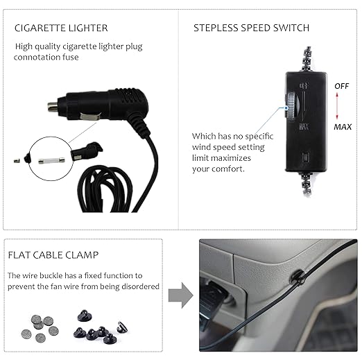 Car Fan for Backseat Auto 12V Electric Cooling Fan Portable Car Seat Headrest for Sedan SUV RV Boat, with 360° Rotatable Dual Head, Stepless Speed Regulation, Cigarette Lighter Plug