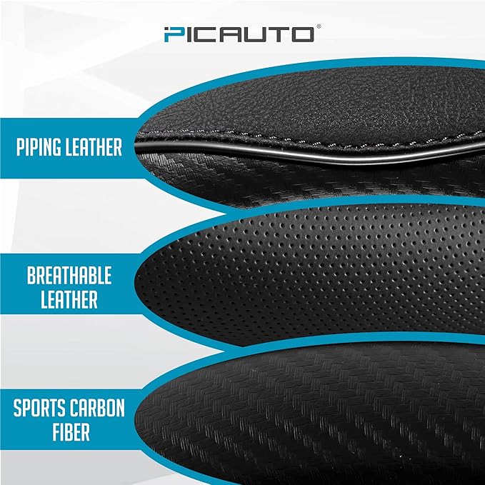 PIC AUTO Steering Wheel Cover, Black Piping Leather, Sports Carbon Fiber and Super Breathable Leather, Universal 14.5-15.5 Inch Anti-Slip Steering Wheels Accessories for Men & Women
