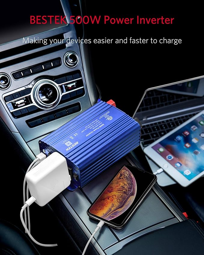 BESTEK 500W Power Inverter DC 12V to 110V AC Converter with 4.8A Dual USB Car Charger ETL Listed (Blue)