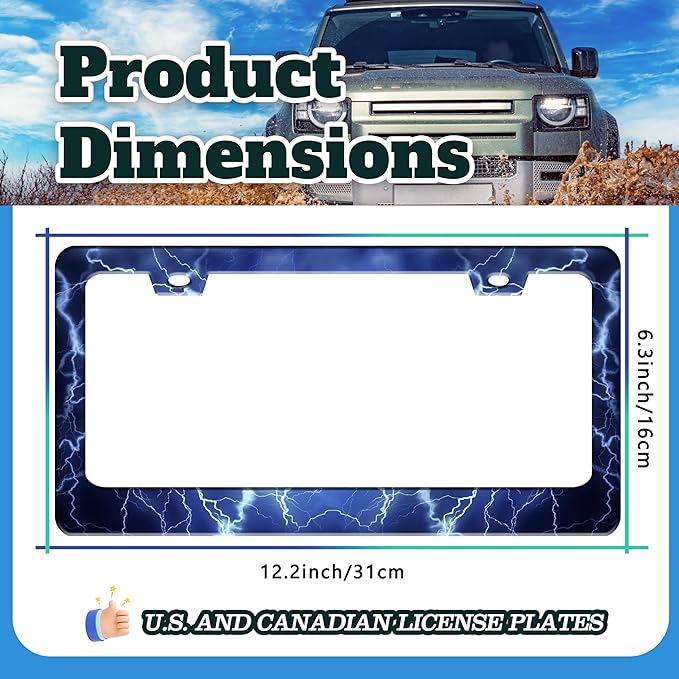 Blue Lightning License Plate Frame Funny Thunder License Plate Holder for Front or Rear Car Tags Reusable Durable Stainless Steel Car Decoration with Screws 6.3 X 12.2 Inch for Men Women