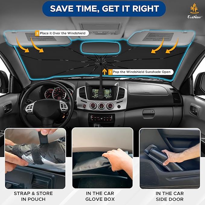 EcoNour Adjustable Car Windshield Umbrella Sun Shade | Foldable UV Protection Shade with 240T Polyester | Fits Various Windshield Angles