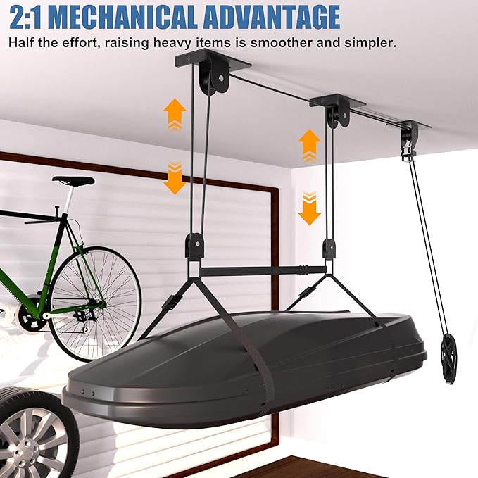 Cargo Box Pulley System for Garage Storage, Heavy-Duty Kayak/Canoes/Bikes/Ladders Ceiling Hoist, Hold Up to 150 lbs Capacity, Fit 10-18 Foot Ceilings, Black