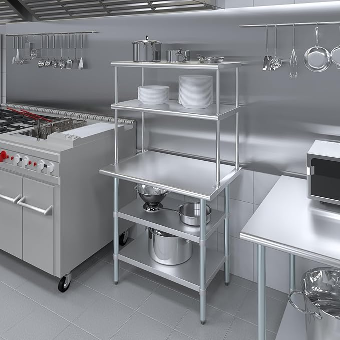 Amgood Stainless Steel Work Table with 2 Shelves | Metal Kitchen Prep Table & Shelving Combo (24" x 36" Table with 2 Shelves + 18" Overshelf)