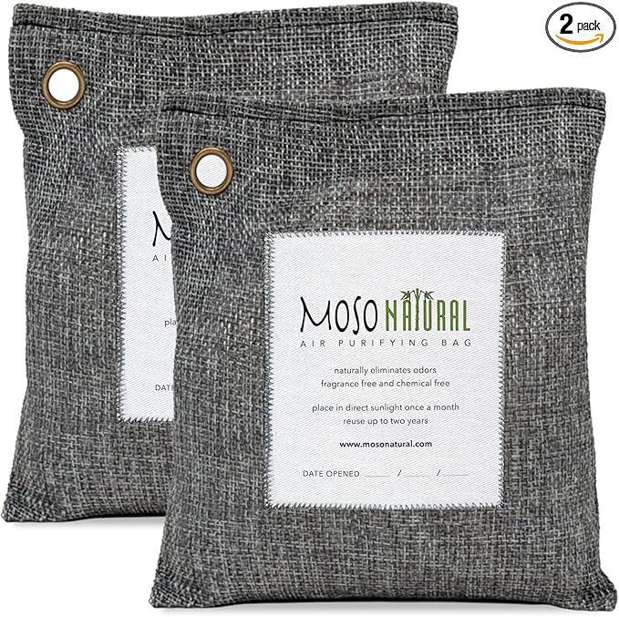 Moso Natural Air Purifying Bag 500g (2 Pack) Premium Bamboo Charcoal Odor Absorber for Home, Bedroom, Kitchen, Basement | Unscented Pet Odor Eliminator | Large Charcoal Deodorizer Bag Covers 250sqft