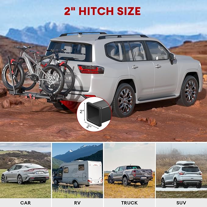 Hitch 2 EBike Rack with Ramp, 170lbs Capacity Electric Bike Carrier Foldable for 2 Heavy Ebike, Up to 5-inch Fat Tire Bicycle, 2" Receiver for Car, SUV, RV, Truck, Black