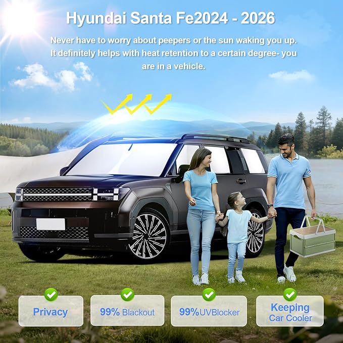 8pcs Car Window Shades for Hyundai Santa Fe 2024 2025 2026 Accessories,Windshield Side Rear Full Sunshade,Sun Visor UV Blocking, Privacy Protection and Blackout for Camping Outdoor
