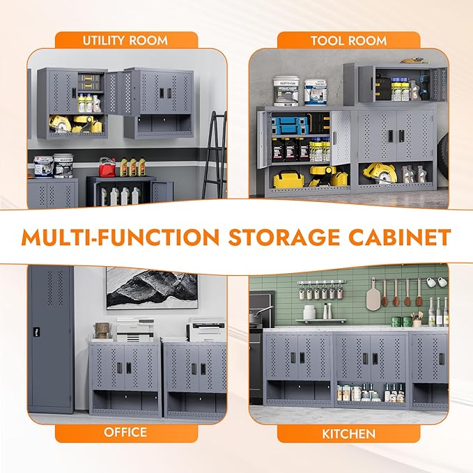 Metal Wall Storage Cabinet with Adjustable Shelf Steel Wall Mounted Garage Storage Cabinet with Doors for Basement Utility Room Warehouse Kitchen