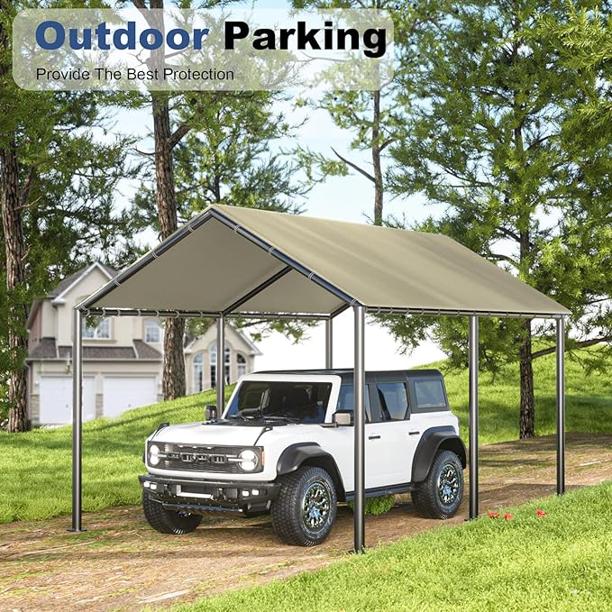 10x20ft Portable Car Tent Garage with UV Resistant Canopy, Easy to Assemble Portable Garage, Stable Carport for Car, Bike, Camp, Outdoor Storage (Beige)