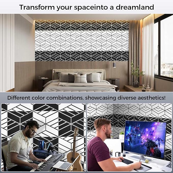 8 Pack 2-Layer Soundproof Wall Panels, 15.7 x 15.7 x 0.43 in Large Sound Proof Foam Panels for Walls, 0.9lb/ft³ High Density, 3D Acoustic Panels,Artistic Noise Dampening Panels White&Black