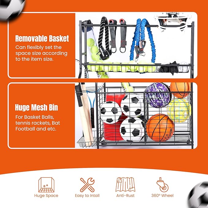 Sports Equipment Organizer - 29.6" W x 42.7" H - Rolling Garage Ball Storage Rack - Golf Bag Storage Stand & Other Sports Equipment & Toys - Indoor/Outdoor Stand - Removable Basket