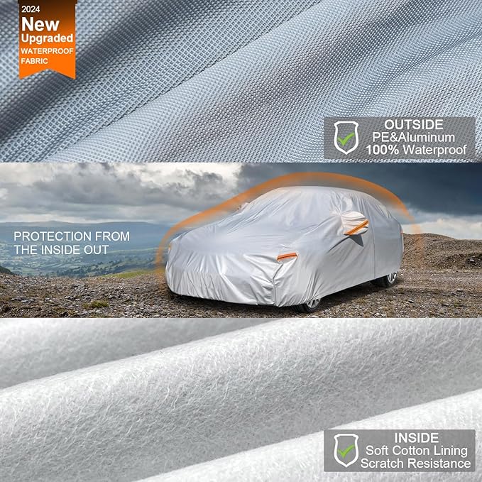 Kayme 6 Layers Car Cover Waterproof All Weather for Automobiles, Outdoor Full Cover Rain Sun UV Protection with Zipper Cotton, Universal Fit for Sedan (178-185 inch)