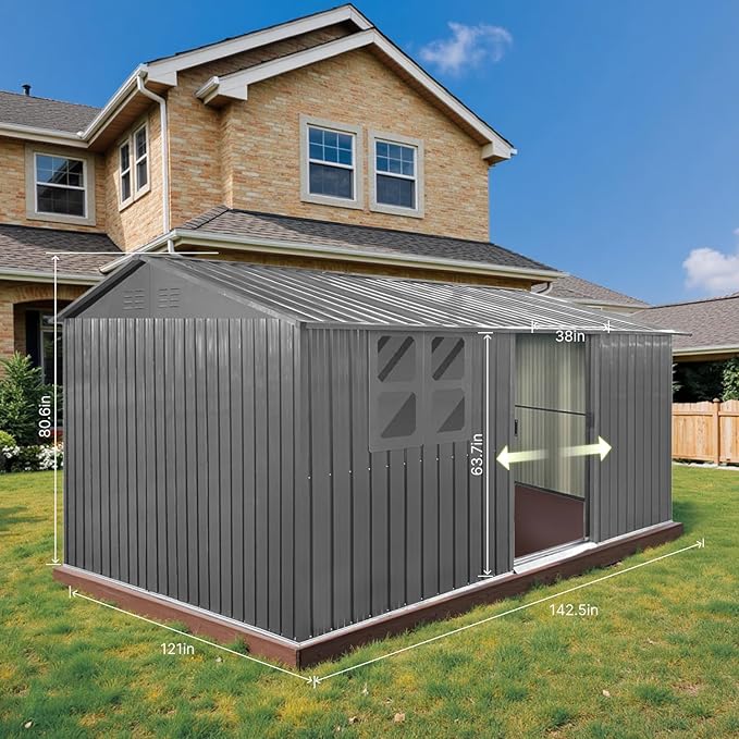 12x10 Ft Storage Shed Outdoor, XL Permanent Steel Building with Window, Sliding Doors and 4 Air Vents for Backyard Garden Patio Lawn - Grey