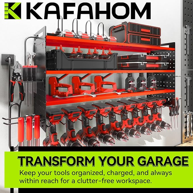 KAFAHOM Power Tool Organizer with Charging Station,9 Drill Holder Wall Mount,4 Layer Heavy Duty Metal Cordless Drill Storage for Garage Organization,Battery Tool Rack Built in 7 Outlet Power Strip Red
