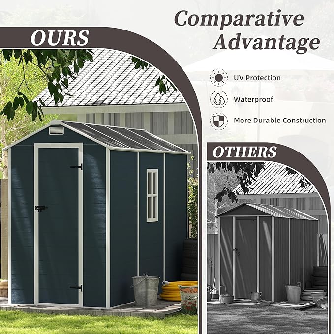 MyVoice 8x4 FT Outdoor Resin Storage Shed with HD Window, Rustproof Waterproof Garden Tool Shed, 12mm Thickened PP Panels, Large Capacity Outdoor Utility House for Backyard Patio (with Floor)
