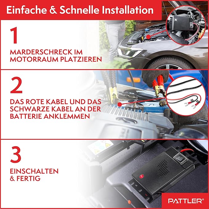 PATTLER® Marten Repellent for Car Engines - Ultrasonic Marten Repeller Under Hood for Immediate and Long-Term Protection Against Martens. Marten Deterrent for Cars Powered by 12V Car Battery - 1 Unit